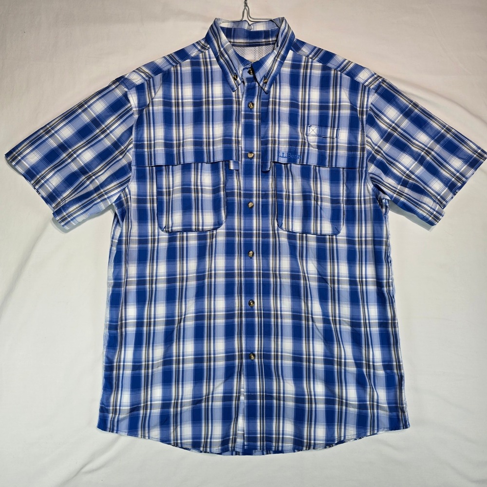 LL Bean Mens Blue Plaid Short Sleeve Fishing Shirt Ventilated Mesh Back Size M